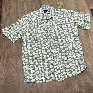 Tommy Hilfiger Button Up Shirt Short Sleeves Pocket Floral Print Green White L